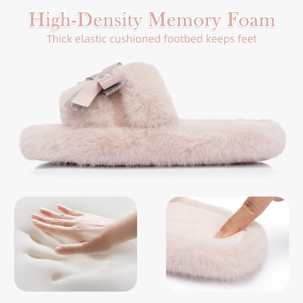 GOEWY Cute Bow Slippers for Women with Memory Foam Open Toe Fuzzy House Slippers indoor outdoor Anti-Skid Soft Birthday Gifts for Women Mom