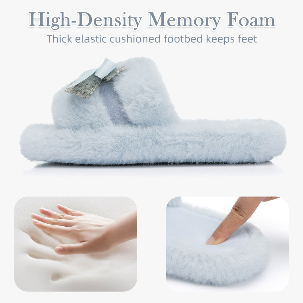 GOEWY Cute Bow Slippers for Women with Memory Foam Open Toe Fuzzy House Slippers indoor outdoor Anti-Skid Soft Birthday Gifts for Women Mom