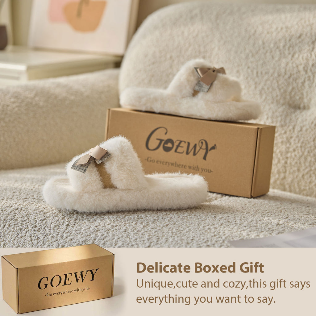 GOEWY Cute Bow Slippers for Women with Memory Foam Open Toe Fuzzy House Slippers indoor outdoor Anti-Skid Soft Birthday Gifts for Women Mom
