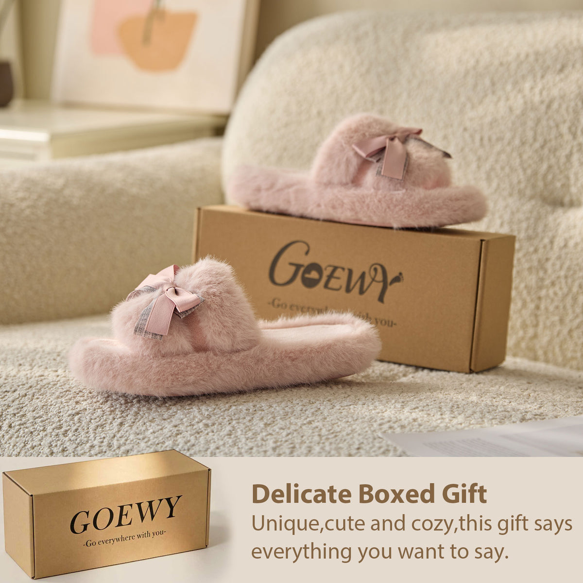 GOEWY Cute Bow Slippers for Women with Memory Foam Open Toe Fuzzy House Slippers indoor outdoor Anti-Skid Soft Birthday Gifts for Women Mom