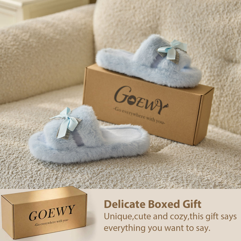 GOEWY Cute Bow Slippers for Women with Memory Foam Open Toe Fuzzy House Slippers indoor outdoor Anti-Skid Soft Birthday Gifts for Women Mom