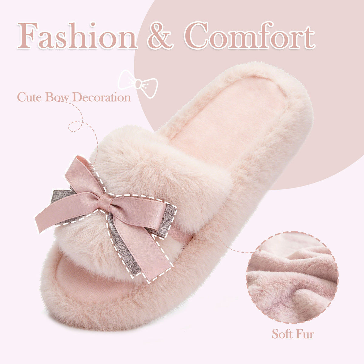 GOEWY Cute Bow Slippers for Women with Memory Foam Open Toe Fuzzy House Slippers indoor outdoor Anti-Skid Soft Birthday Gifts for Women Mom