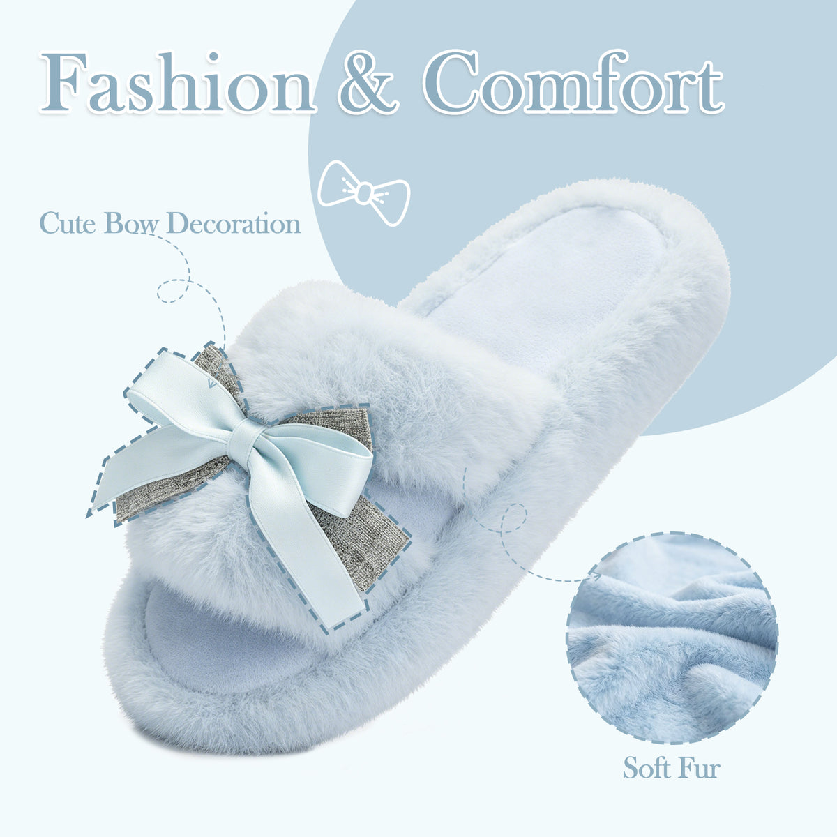 GOEWY Cute Bow Slippers for Women with Memory Foam Open Toe Fuzzy House Slippers indoor outdoor Anti-Skid Soft Birthday Gifts for Women Mom