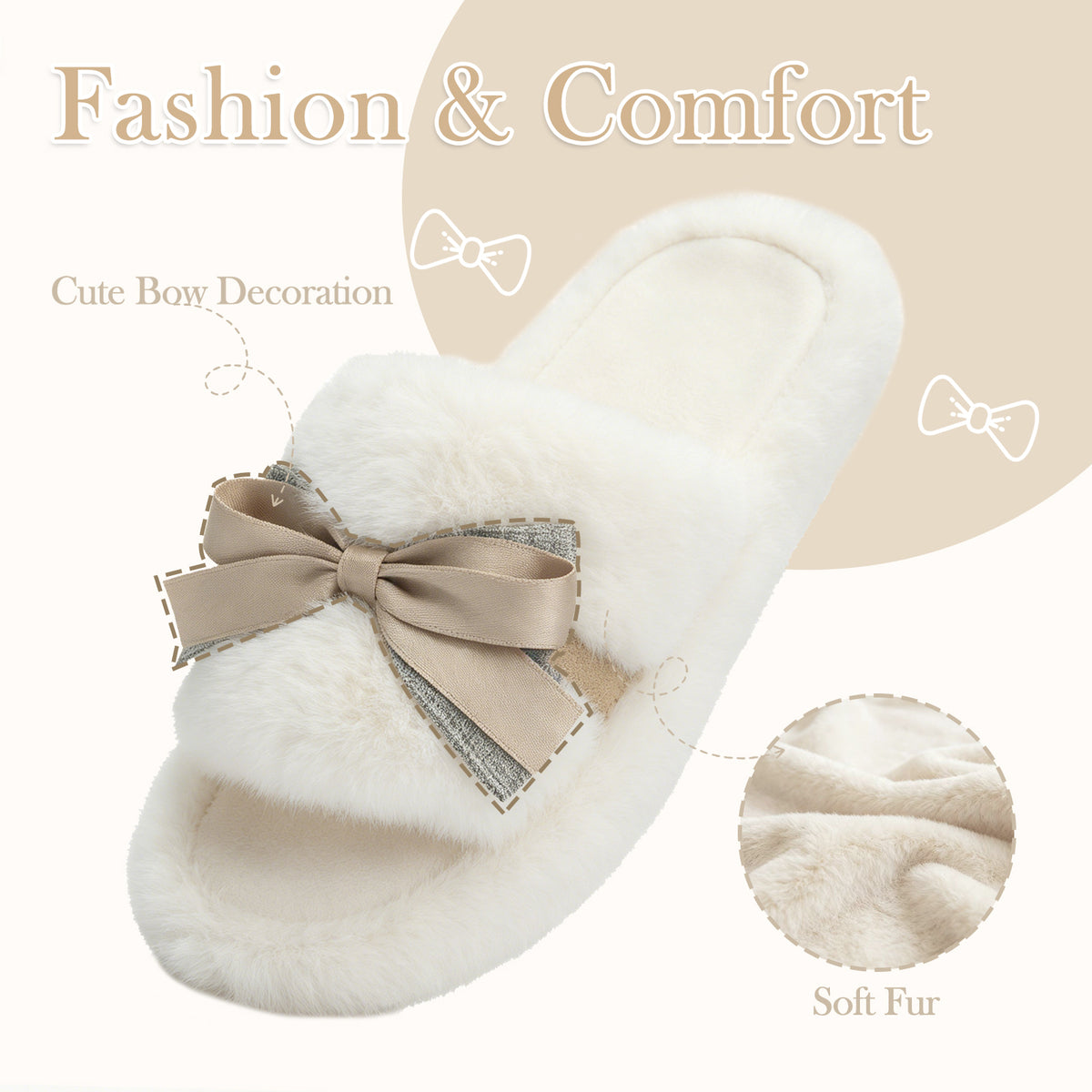 GOEWY Cute Bow Slippers for Women with Memory Foam Open Toe Fuzzy House Slippers indoor outdoor Anti-Skid Soft Birthday Gifts for Women Mom