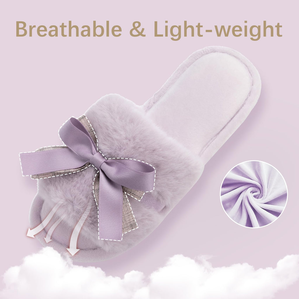 Cute Bow Slippers for Women with Memory Foam Open Toe Fuzzy House Slippers Indoor Outdoor Anti-Skid Soft Birthday Gifts for Women Mom