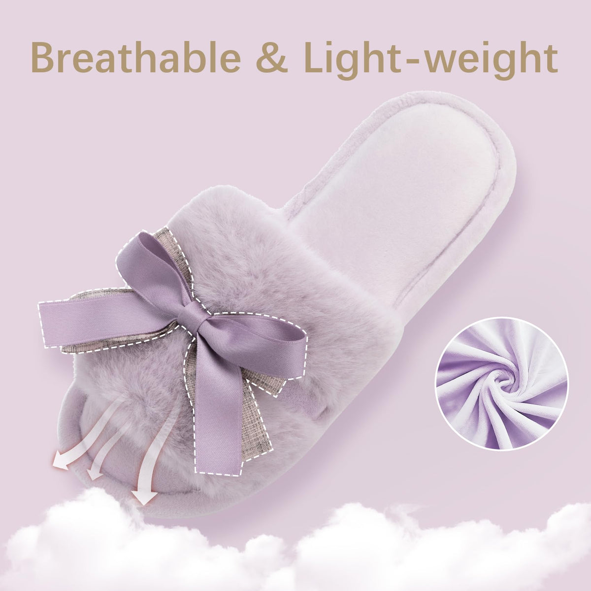 Cute Bow Slippers for Women with Memory Foam Open Toe Fuzzy House Slippers Indoor Outdoor Anti-Skid Soft Birthday Gifts for Women Mom