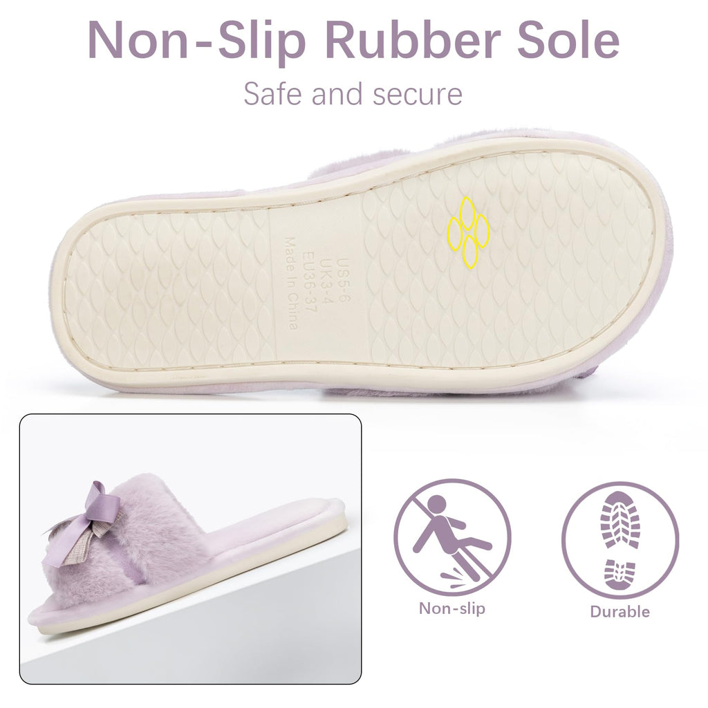 Cute Bow Slippers for Women with Memory Foam Open Toe Fuzzy House Slippers Indoor Outdoor Anti-Skid Soft Birthday Gifts for Women Mom
