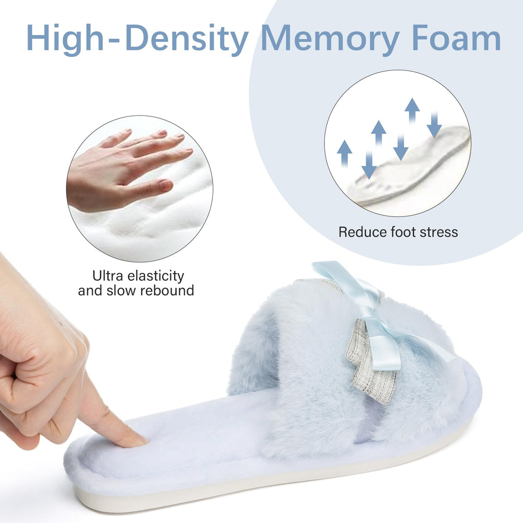 Cute Bow Slippers for Women with Memory Foam Open Toe Fuzzy House Slippers Indoor Outdoor Anti-Skid Soft Birthday Gifts for Women Mom