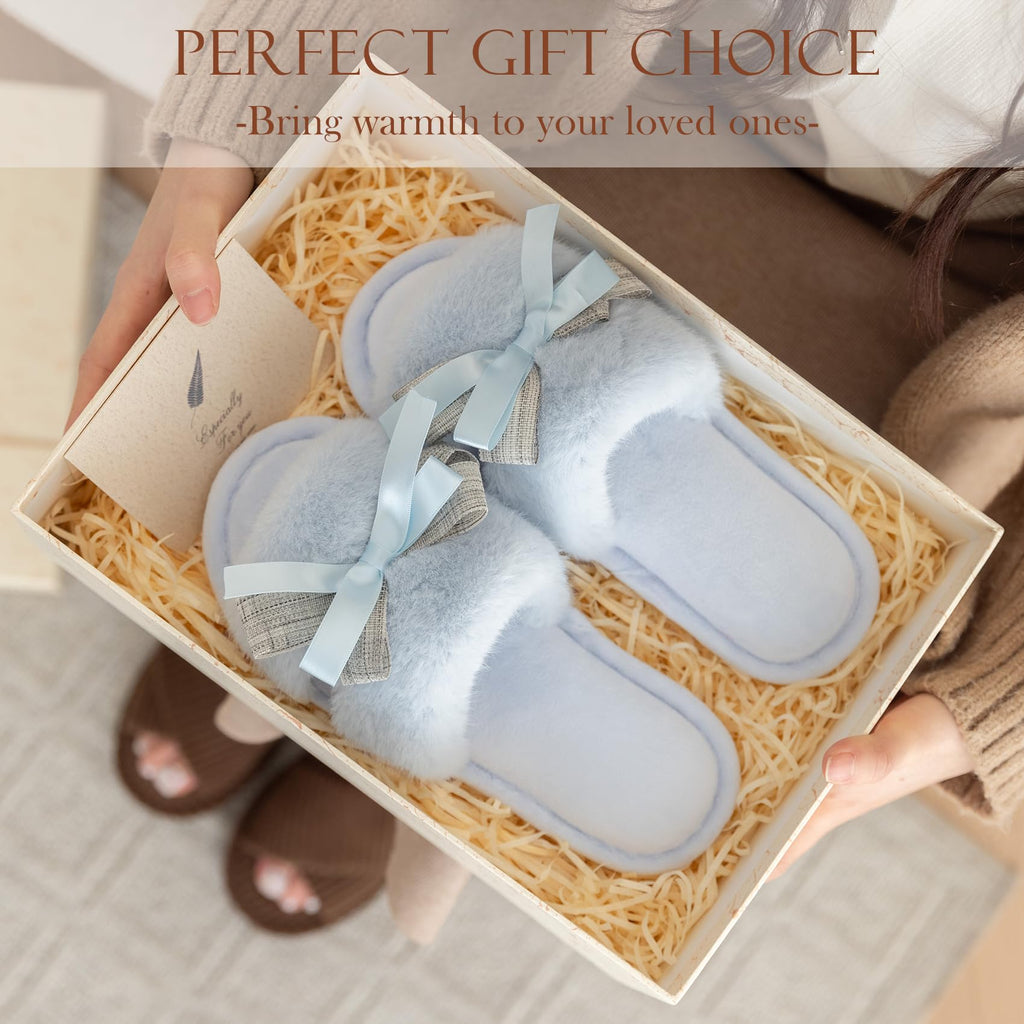 Cute Bow Slippers for Women with Memory Foam Open Toe Fuzzy House Slippers Indoor Outdoor Anti-Skid Soft Birthday Gifts for Women Mom