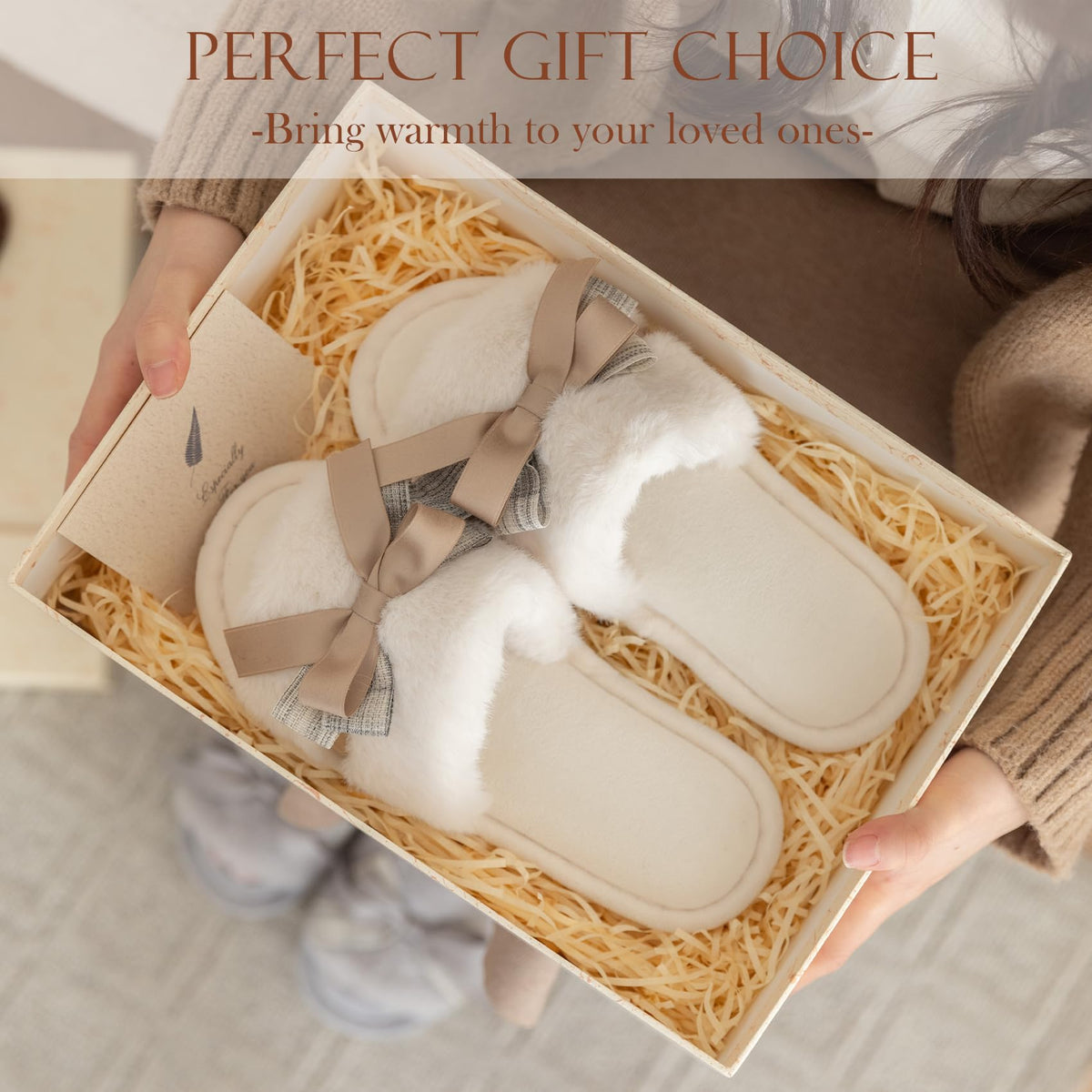 Cute Bow Slippers for Women with Memory Foam Open Toe Fuzzy House Slippers Indoor Outdoor Anti-Skid Soft Birthday Gifts for Women Mom