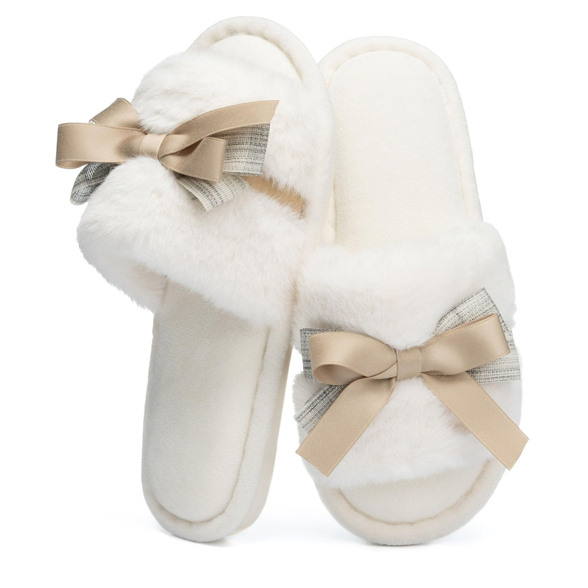 Cute Bow Slippers for Women with Memory Foam Open Toe Fuzzy House Slippers Indoor Outdoor Anti-Skid Soft Birthday Gifts for Women Mom