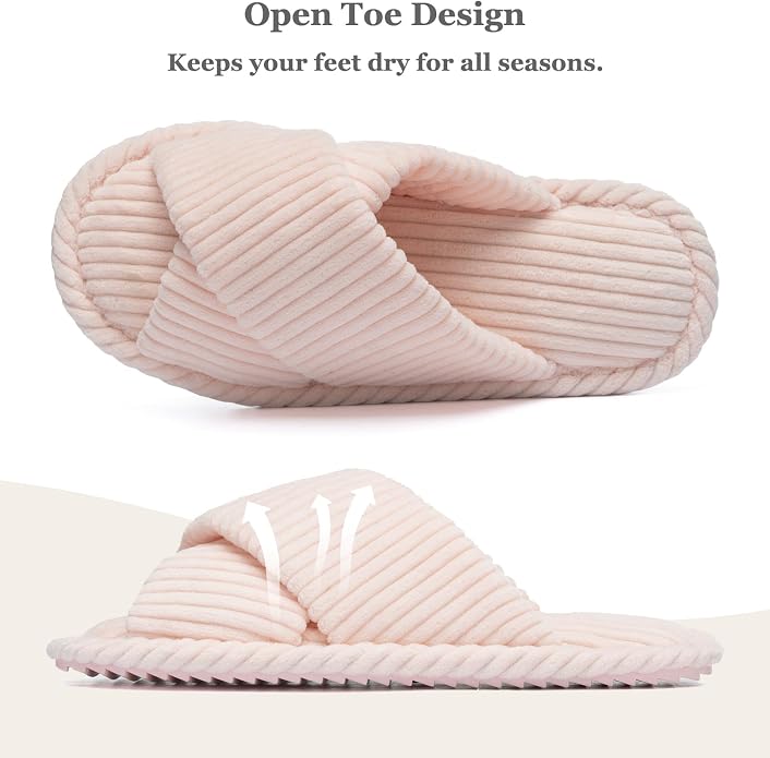 GOEWY Slippers for Women Memory Foam House Bedroom Corduroy Crossbands Open Toe Slides Sandals Shoes Comfy Trendy Gift for womens Anti-Skid sole