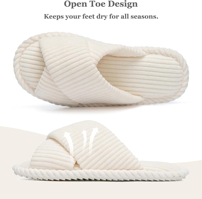 GOEWY Slippers for Women Memory Foam House Bedroom Corduroy Crossbands Open Toe Slides Sandals Shoes Comfy Trendy Gift for womens Anti-Skid sole