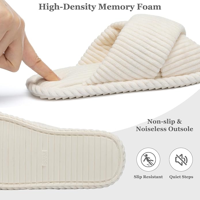 GOEWY Slippers for Women Memory Foam House Bedroom Corduroy Crossbands Open Toe Slides Sandals Shoes Comfy Trendy Gift for womens Anti-Skid sole