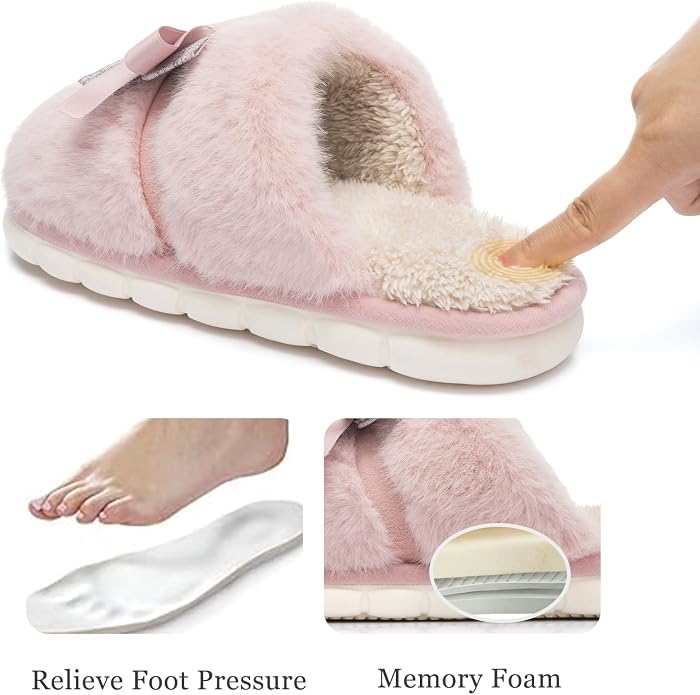 GOEWY Cute Women's Memory Foam House Slippers - Fuzzy Plush Faux Fur Slippers with Bow Butterfly Tie - Anti-Skid Indoor/Outdoor Gifts for Women, Moms & Ladies
