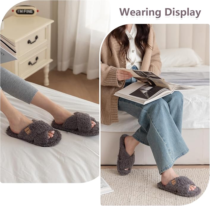 Fuzzy Open Toe Slippers for Women Indoor and Outdoor with Memory Foam Cozy Cross Band Women's Slipper Cute Soft House Shoes Slip On Gifts for Womens Mom Her Ladies Bridesmaid