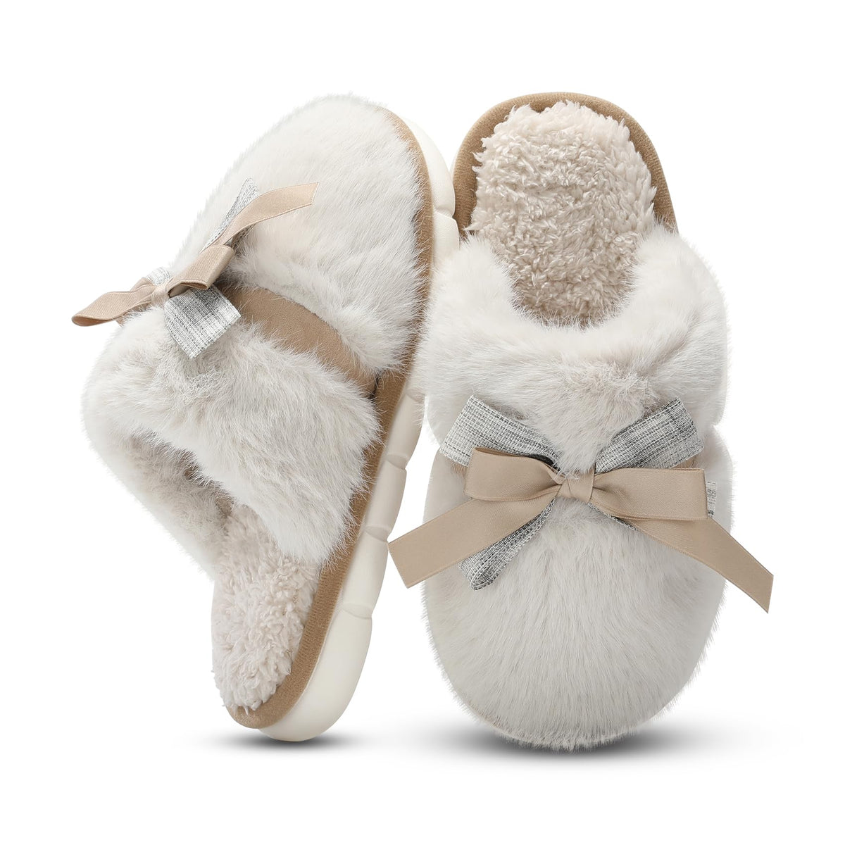 GOEWY Cute Women's Memory Foam House Slippers - Fuzzy Plush Faux Fur Slippers with Bow Butterfly Tie - Anti-Skid Indoor/Outdoor Gifts for Women, Moms & Ladies