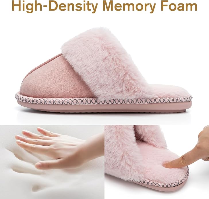 GOEWY Fuzzy Slippers for Women with Memory Foam Warm Winter Faux Fur Slippers House Shoes Indoor Outdoor Gifts For Women Suede Anti-Skid