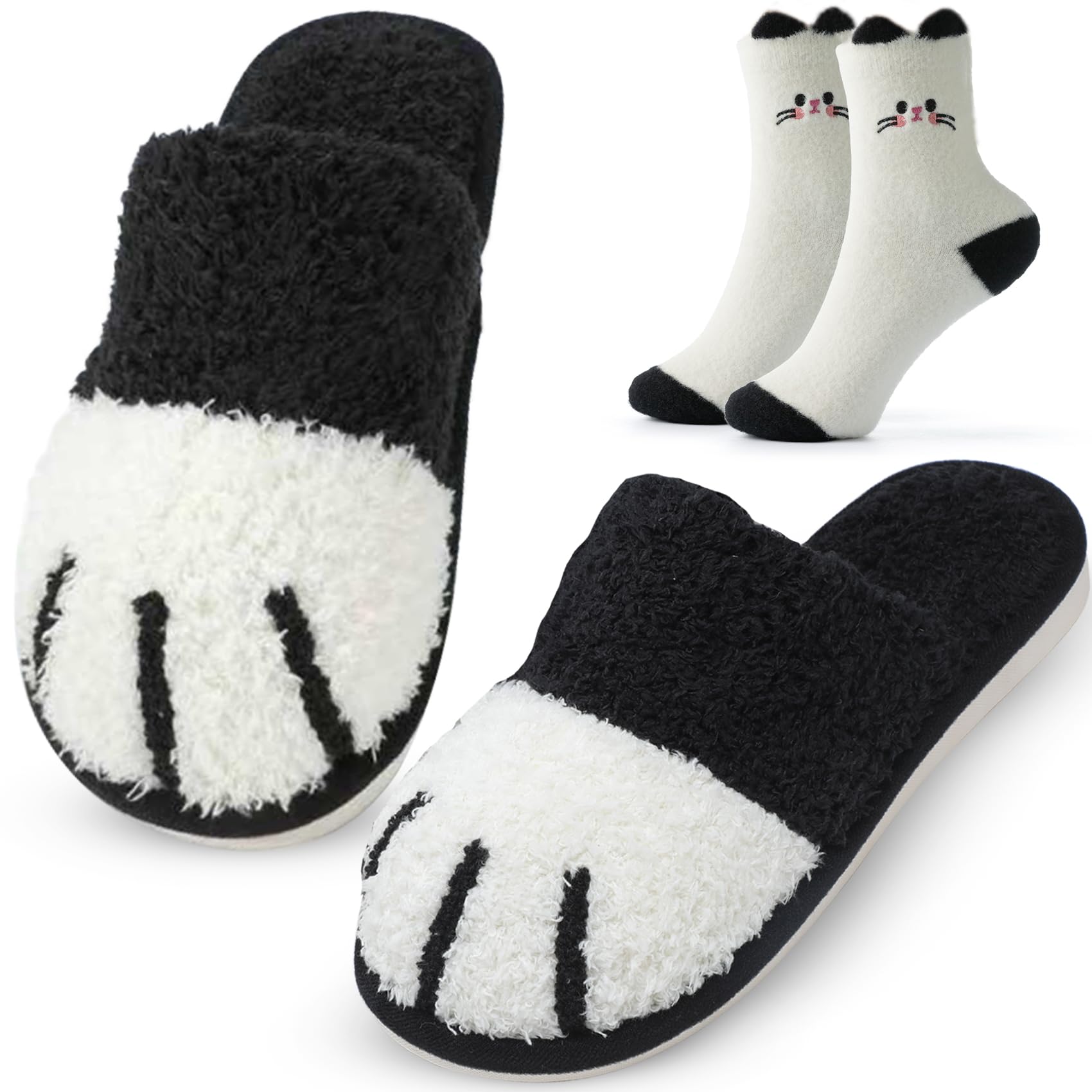 GOEWY Cat Paw Slippers and Fuzzy Cute Socks Mothers Day Gifts Set for Women Mom House Slippers with Memory Foam Warm Cozy Socks