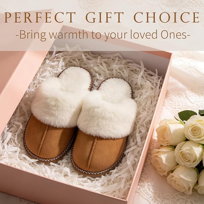 GOEWY Fuzzy Slippers for Women with Memory Foam Warm Winter Faux Fur Slippers House Shoes Indoor Outdoor Gifts For Women Suede Anti-Skid