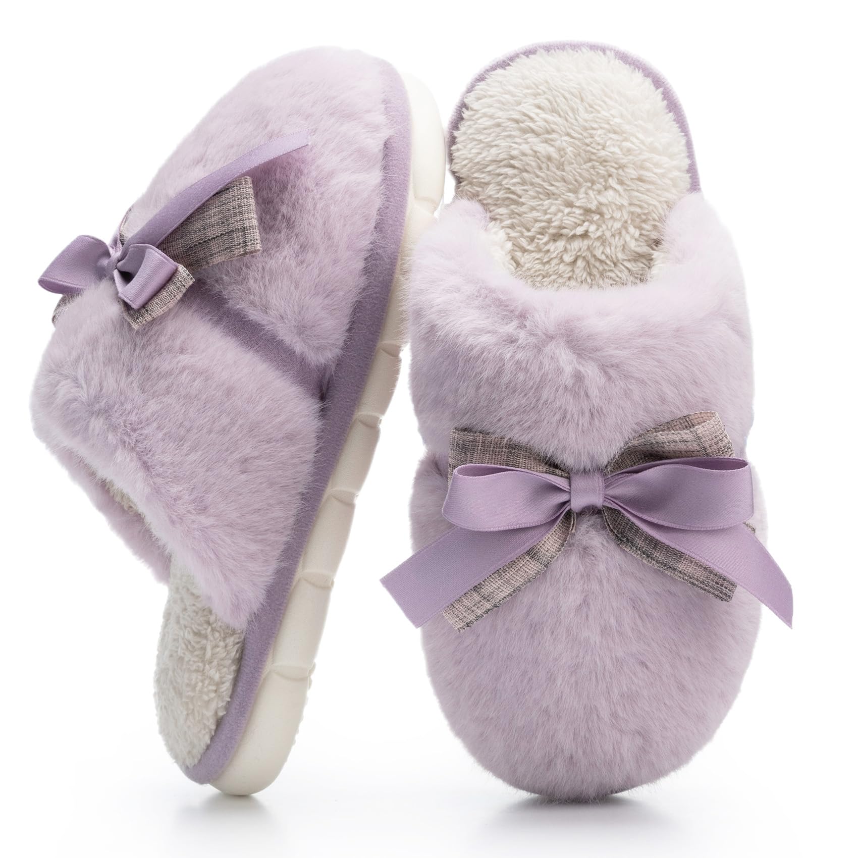 GOEWY Cute Women's Memory Foam House Slippers - Fuzzy Plush Faux Fur Slippers with Bow Butterfly Tie - Anti-Skid Indoor/Outdoor Gifts for Women, Moms & Ladies