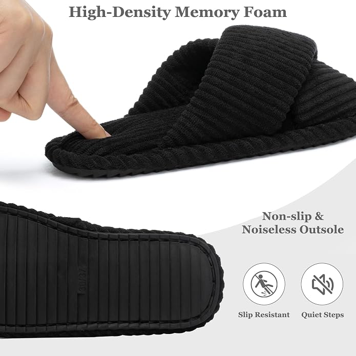 GOEWY Slippers for Women Memory Foam House Bedroom Corduroy Crossbands Open Toe Slides Sandals Shoes Comfy Trendy Gift for womens Anti-Skid sole