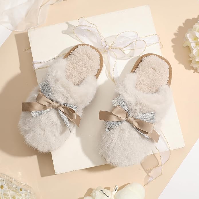 GOEWY Cute Women's Memory Foam House Slippers - Fuzzy Plush Faux Fur Slippers with Bow Butterfly Tie - Anti-Skid Indoor/Outdoor Gifts for Women, Moms & Ladies