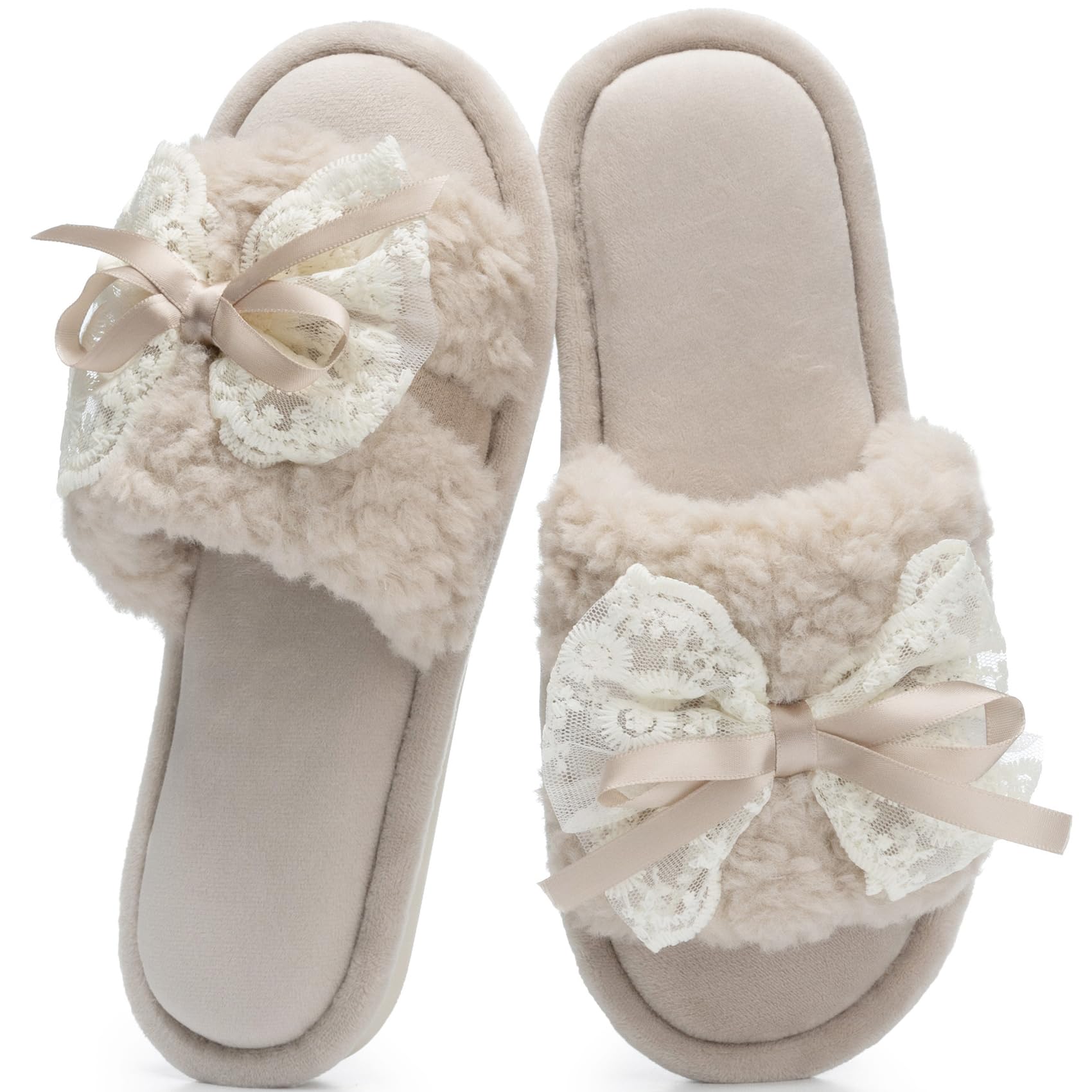GOEWY Women's Open Toe Memory Foam Slippers - Cute Fuzzy House Shoes with Lace Bow, Soft Plush Slides for Indoor Comfort, Cozy Non-Slip Gift Gifts for Women Mom Ladies