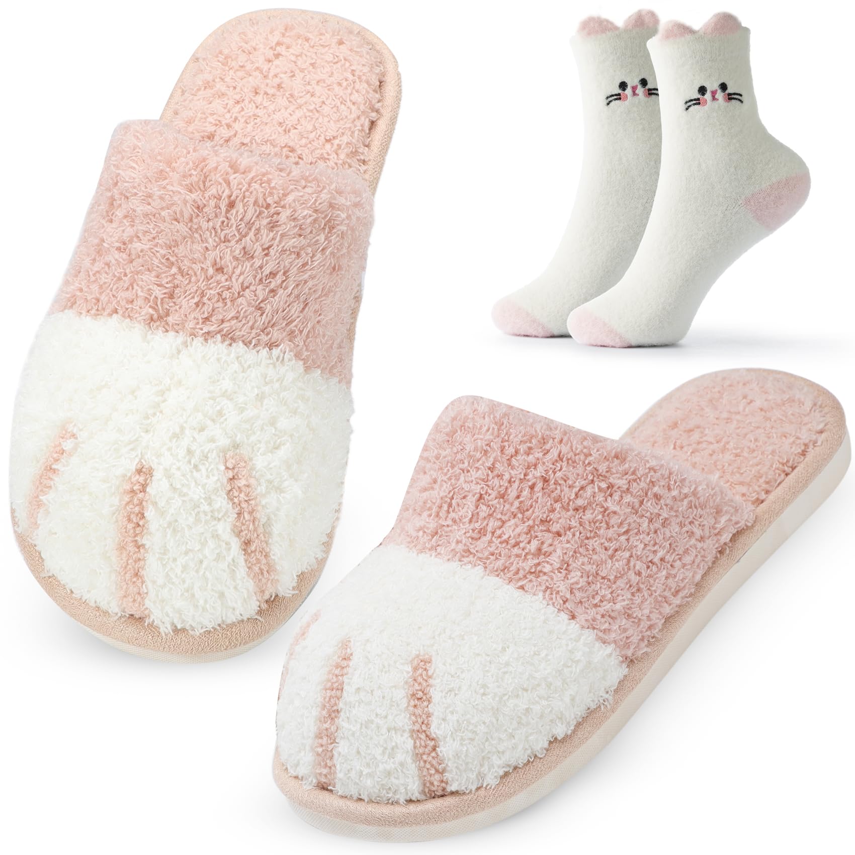 GOEWY Cat Paw Slippers and Fuzzy Cute Socks Mothers Day Gifts Set for Women Mom House Slippers with Memory Foam Warm Cozy Socks