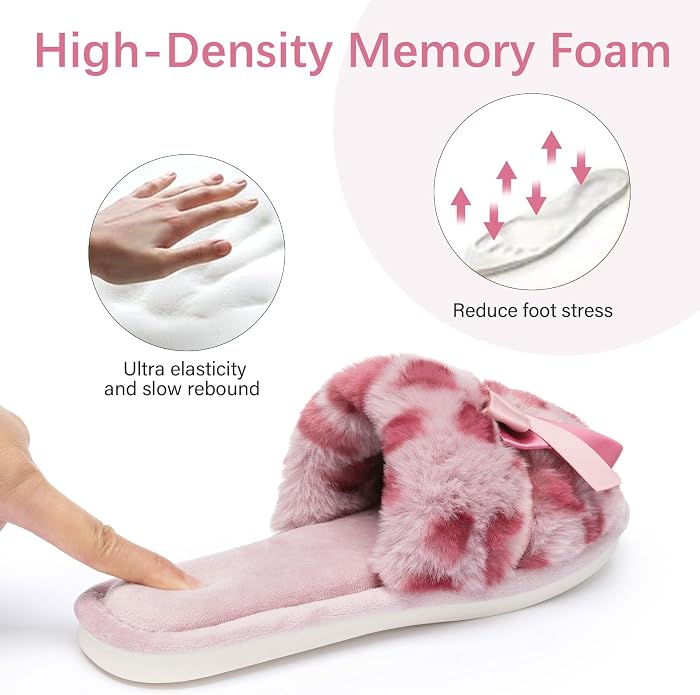 Cute Bow Slippers for Women with Memory Foam Open Toe Fuzzy House Slippers Indoor Outdoor Anti-Skid Soft Birthday Gifts for Women Mom