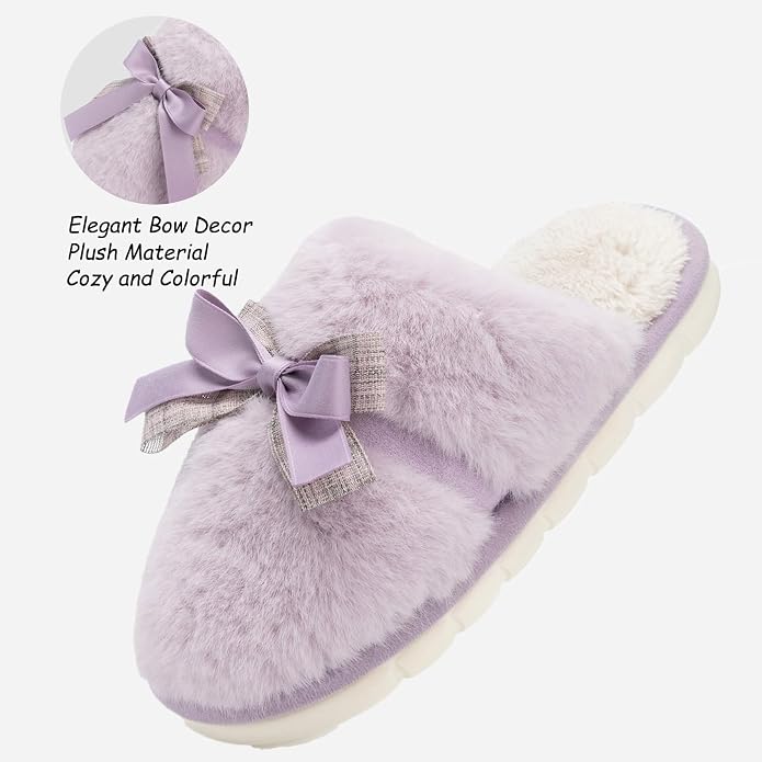 GOEWY Cute Women's Memory Foam House Slippers - Fuzzy Plush Faux Fur Slippers with Bow Butterfly Tie - Anti-Skid Indoor/Outdoor Gifts for Women, Moms & Ladies