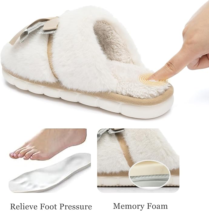 GOEWY Cute Women's Memory Foam House Slippers - Fuzzy Plush Faux Fur Slippers with Bow Butterfly Tie - Anti-Skid Indoor/Outdoor Gifts for Women, Moms & Ladies