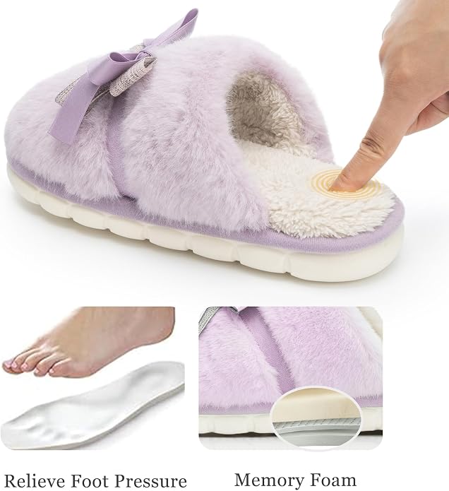 GOEWY Cute Women's Memory Foam House Slippers - Fuzzy Plush Faux Fur Slippers with Bow Butterfly Tie - Anti-Skid Indoor/Outdoor Gifts for Women, Moms & Ladies