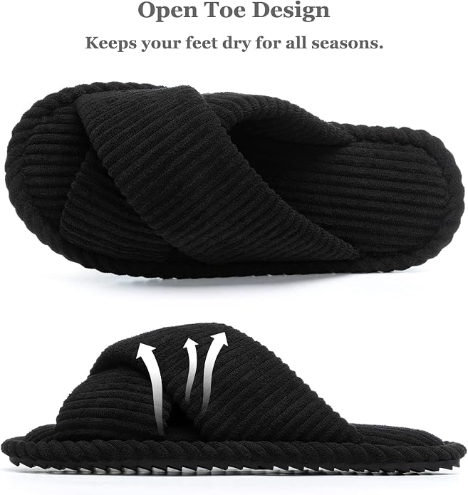 GOEWY Slippers for Women Memory Foam House Bedroom Corduroy Crossbands Open Toe Slides Sandals Shoes Comfy Trendy Gift for womens Anti-Skid sole