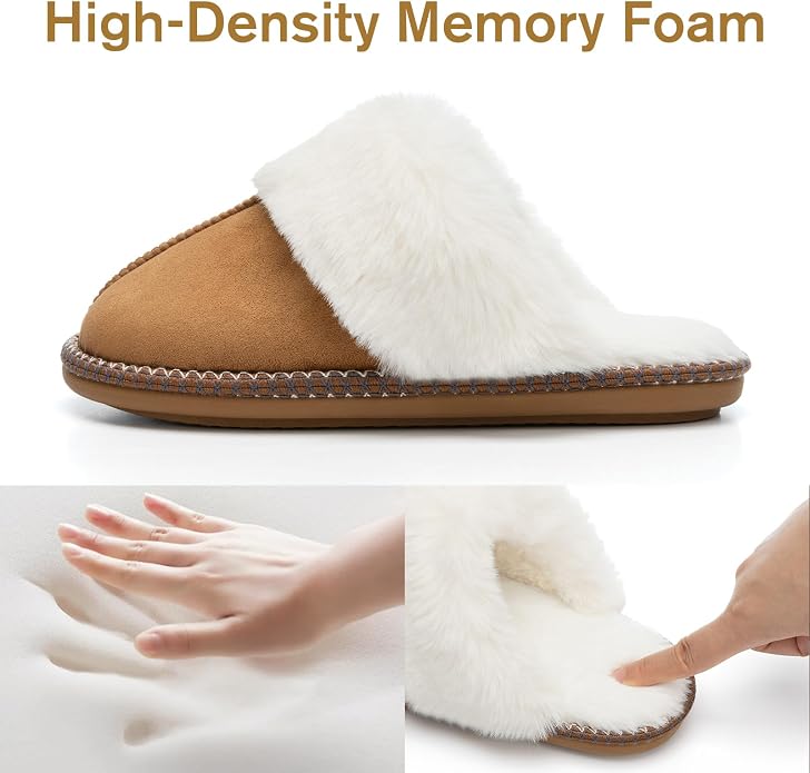 GOEWY Fuzzy Slippers for Women with Memory Foam Warm Winter Faux Fur Slippers House Shoes Indoor Outdoor Gifts For Women Suede Anti-Skid