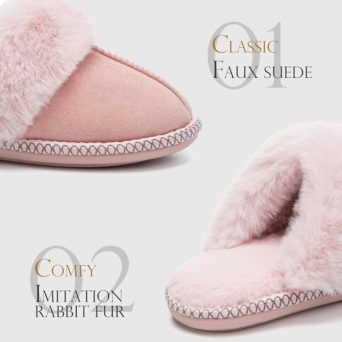 GOEWY Fuzzy Slippers for Women with Memory Foam Warm Winter Faux Fur Slippers House Shoes Indoor Outdoor Gifts For Women Suede Anti-Skid