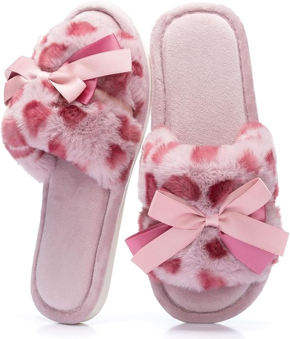 Cute Bow Slippers for Women with Memory Foam Open Toe Fuzzy House Slippers Indoor Outdoor Anti-Skid Soft Birthday Gifts for Women Mom