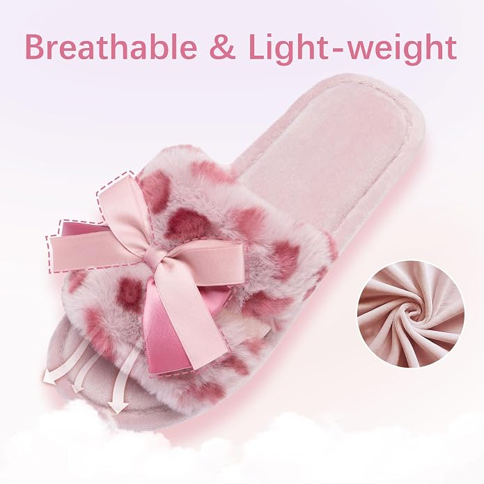 Cute Bow Slippers for Women with Memory Foam Open Toe Fuzzy House Slippers Indoor Outdoor Anti-Skid Soft Birthday Gifts for Women Mom