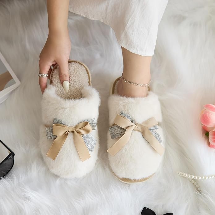 GOEWY Cute Women's Memory Foam House Slippers - Fuzzy Plush Faux Fur Slippers with Bow Butterfly Tie - Anti-Skid Indoor/Outdoor Gifts for Women, Moms & Ladies