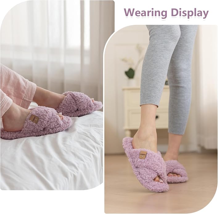 Fuzzy Open Toe Slippers for Women Indoor and Outdoor with Memory Foam Cozy Cross Band Women's Slipper Cute Soft House Shoes Slip On Gifts for Womens Mom Her Ladies Bridesmaid