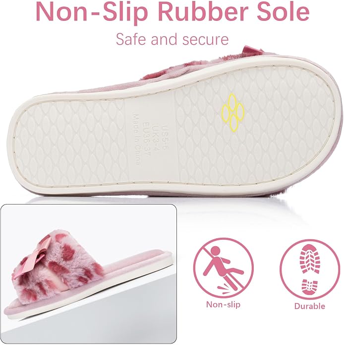 Cute Bow Slippers for Women with Memory Foam Open Toe Fuzzy House Slippers Indoor Outdoor Anti-Skid Soft Birthday Gifts for Women Mom