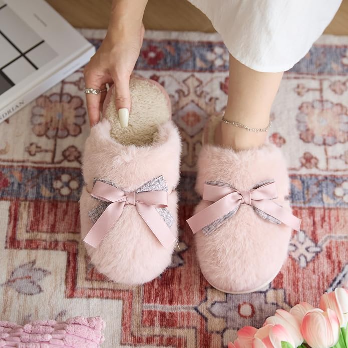 GOEWY Cute Women's Memory Foam House Slippers - Fuzzy Plush Faux Fur Slippers with Bow Butterfly Tie - Anti-Skid Indoor/Outdoor Gifts for Women, Moms & Ladies