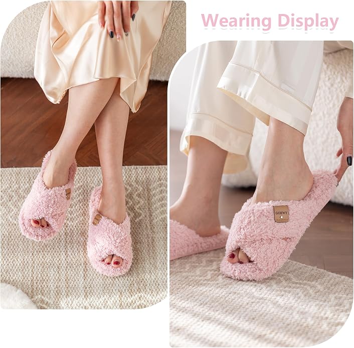 Fuzzy Open Toe Slippers for Women Indoor and Outdoor with Memory Foam Cozy Cross Band Women's Slipper Cute Soft House Shoes Slip On Gifts for Womens Mom Her Ladies Bridesmaid