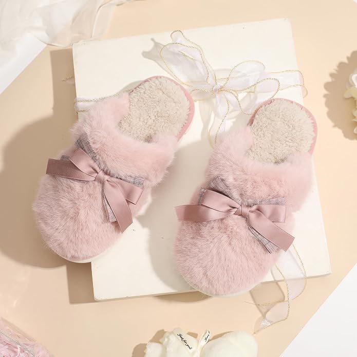 GOEWY Cute Women's Memory Foam House Slippers - Fuzzy Plush Faux Fur Slippers with Bow Butterfly Tie - Anti-Skid Indoor/Outdoor Gifts for Women, Moms & Ladies