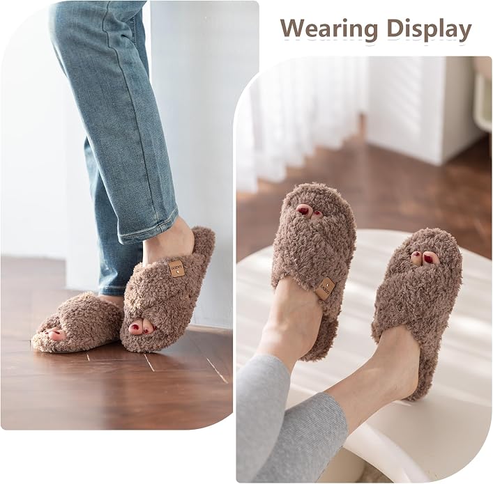 Fuzzy Open Toe Slippers for Women Indoor and Outdoor with Memory Foam Cozy Cross Band Women's Slipper Cute Soft House Shoes Slip On Gifts for Womens Mom Her Ladies Bridesmaid