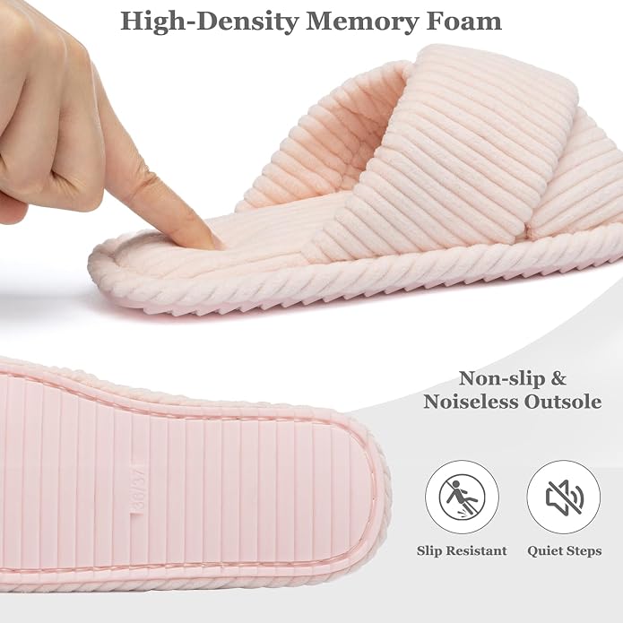 GOEWY Slippers for Women Memory Foam House Bedroom Corduroy Crossbands Open Toe Slides Sandals Shoes Comfy Trendy Gift for womens Anti-Skid sole