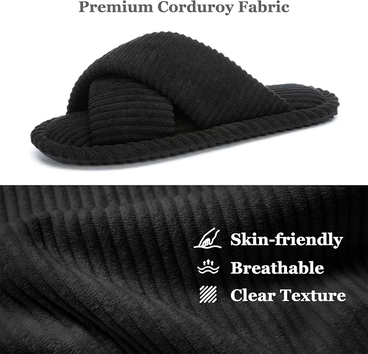 GOEWY Slippers for Women Memory Foam House Bedroom Corduroy Crossbands Open Toe Slides Sandals Shoes Comfy Trendy Gift for womens Anti-Skid sole