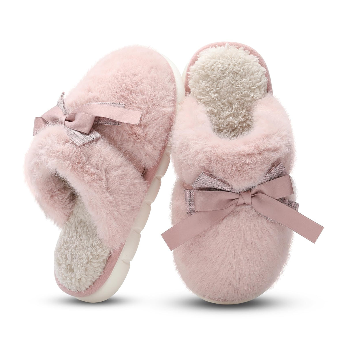 GOEWY Cute Women's Memory Foam House Slippers - Fuzzy Plush Faux Fur Slippers with Bow Butterfly Tie - Anti-Skid Indoor/Outdoor Gifts for Women, Moms & Ladies