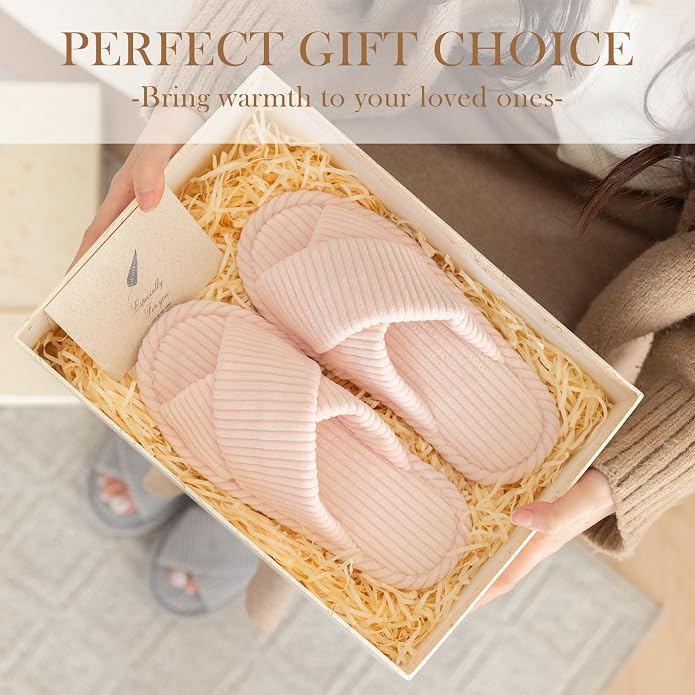 GOEWY Slippers for Women Memory Foam House Bedroom Corduroy Crossbands Open Toe Slides Sandals Shoes Comfy Trendy Gift for womens Anti-Skid sole