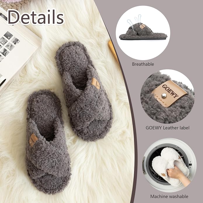 Fuzzy Open Toe Slippers for Women Indoor and Outdoor with Memory Foam Cozy Cross Band Women's Slipper Cute Soft House Shoes Slip On Gifts for Womens Mom Her Ladies Bridesmaid